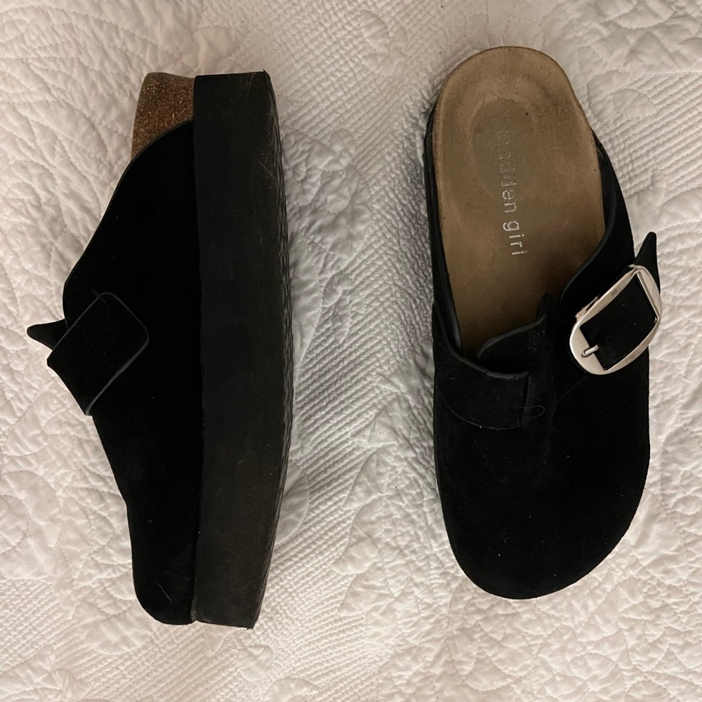 Madden Girl Black Suede platform Mules with Silver Buckle
